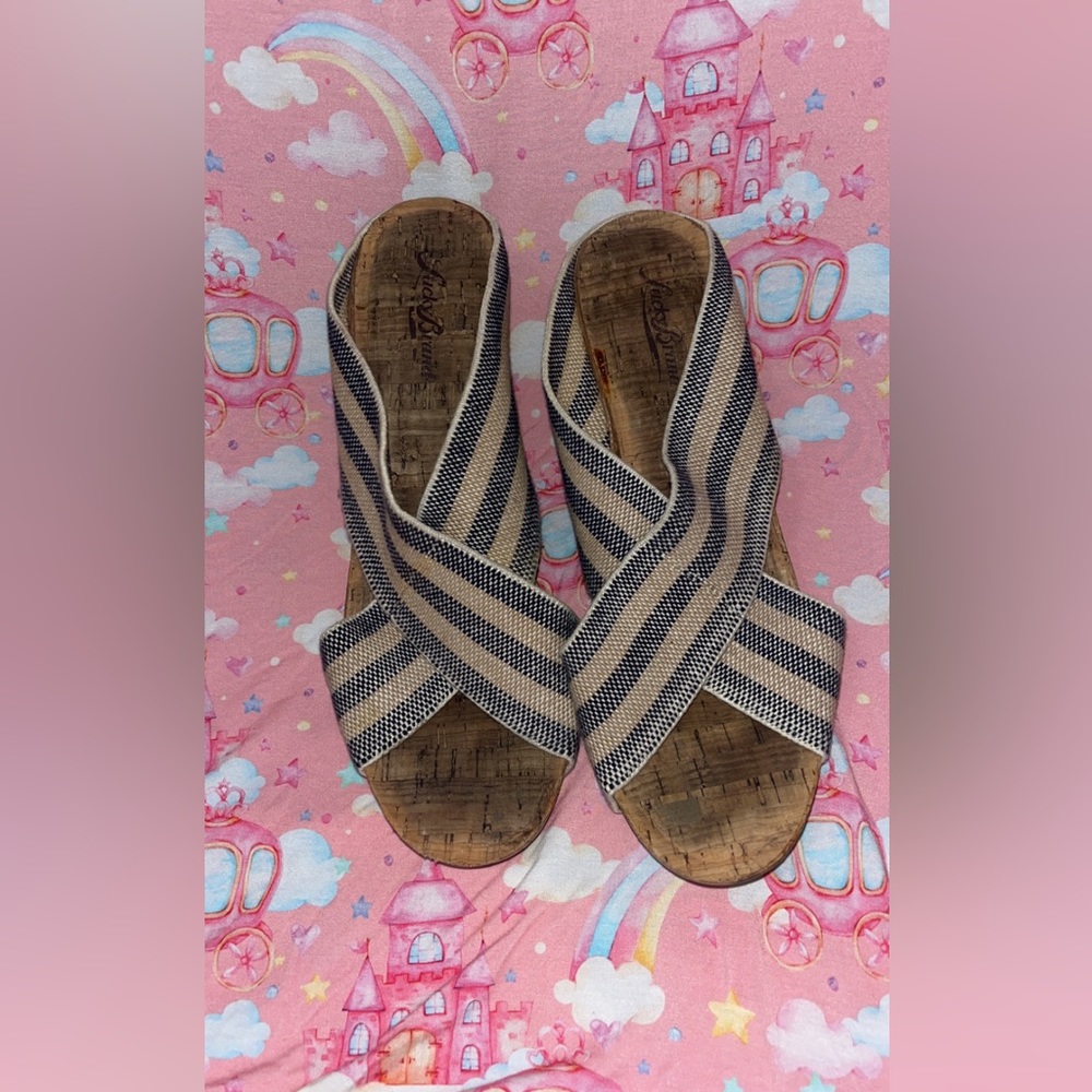 Size 9 blue/white striped lucky brand cork like wedges